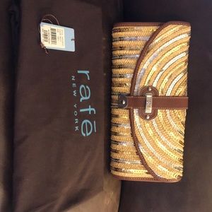 Rafe sequin and raffia clutch